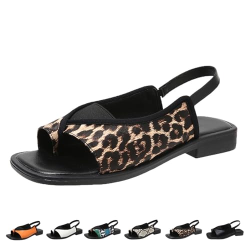 Stilvolle und Bequeme Slip-On-Sandalen for Damen, Schwarze Flache Slide-Sandalen mit offener Zehenpartie, Freizeitschuhe(Leopard Print,38 EU) von SYT-MD