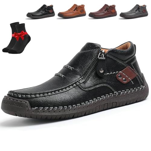 The First Young Shoes Herren, handgefertigte Slip-On-Fahrerstiefel aus hochwertigem Leder, breite Zehenpartie for Freizeit, Reisen und Outdoor(Black,42 EU) von SYT-MD