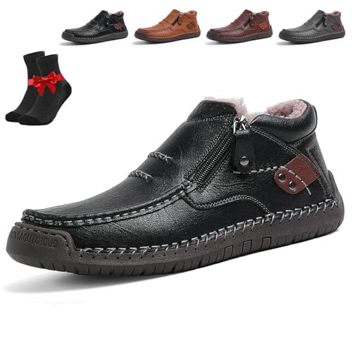 The First Young Shoes Herren, handgefertigte Slip-On-Fahrerstiefel aus hochwertigem Leder, breite Zehenpartie for Freizeit, Reisen und Outdoor(Black Fleece,46 EU) von SYT-MD