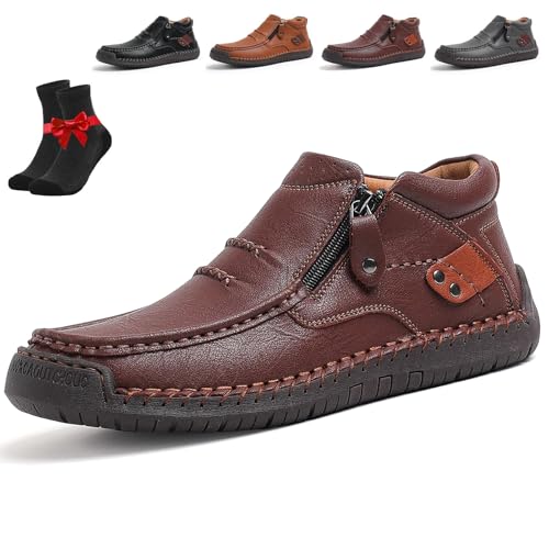 The First Young Shoes Herren, handgefertigte Slip-On-Fahrerstiefel aus hochwertigem Leder, breite Zehenpartie for Freizeit, Reisen und Outdoor(Dark Brown,47 EU) von SYT-MD