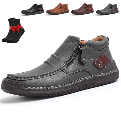 The First Young Shoes Herren, handgefertigte Slip-On-Fahrerstiefel aus hochwertigem Leder, breite Zehenpartie for Freizeit, Reisen und Outdoor(Grey,42 EU) von SYT-MD