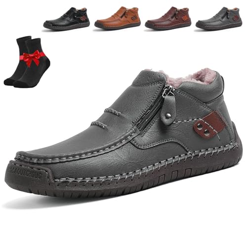 The First Young Shoes Herren, handgefertigte Slip-On-Fahrerstiefel aus hochwertigem Leder, breite Zehenpartie for Freizeit, Reisen und Outdoor(Grey Fleece,43 EU) von SYT-MD