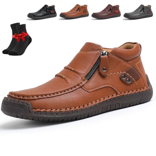 The First Young Shoes Herren, handgefertigte Slip-On-Fahrerstiefel aus hochwertigem Leder, breite Zehenpartie for Freizeit, Reisen und Outdoor(Light Brown,38 EU) von SYT-MD