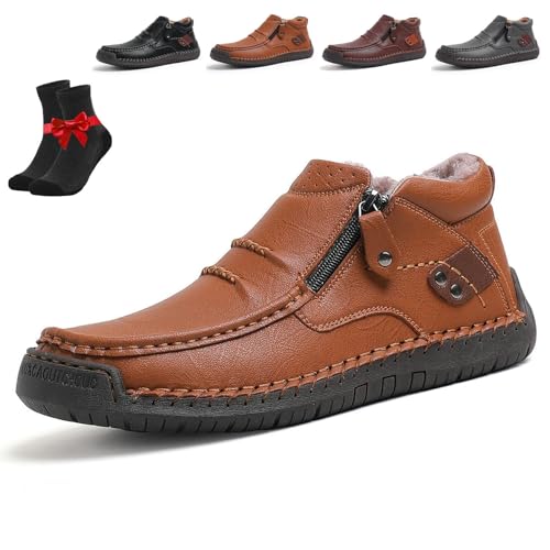 The First Young Shoes Herren, handgefertigte Slip-On-Fahrerstiefel aus hochwertigem Leder, breite Zehenpartie for Freizeit, Reisen und Outdoor(Light Brown Fleece,42 EU) von SYT-MD