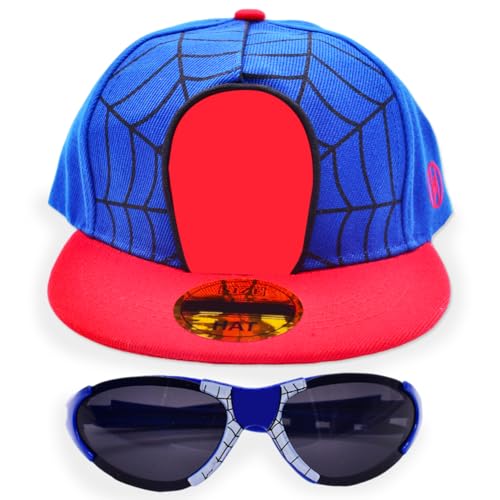 2 Stück Spider Baseballcap Sonnenbrillen Set,Blau Spinnennetz Baseballmütze und Spider Sonnenbrillen Verstellbarer Baumwolle Sonnenhut Blaue Cartoon Sonnenhut Baseballmütze Cap für Jungen Mädchen von SYTTNUM