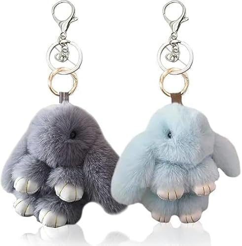 SYTTNUM 2 Stück Plüsch Hase Schlüsselanhänger,Häschen Pom Poms Schlüsselanhänger,Weicher Hasenanhänger,Fluffy Häschen Keychain Für Handtaschen Geschenk Für Ostern (Rauchgrau Und Grün) von SYTTNUM