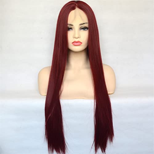 Synthetic Lace Front Wig for Black Women,Queen Burgundy Red Synthetic T Lace Front Silky Straight Heat Resistant Fiber Cosplay Wig for Women,24 inch von SYVI