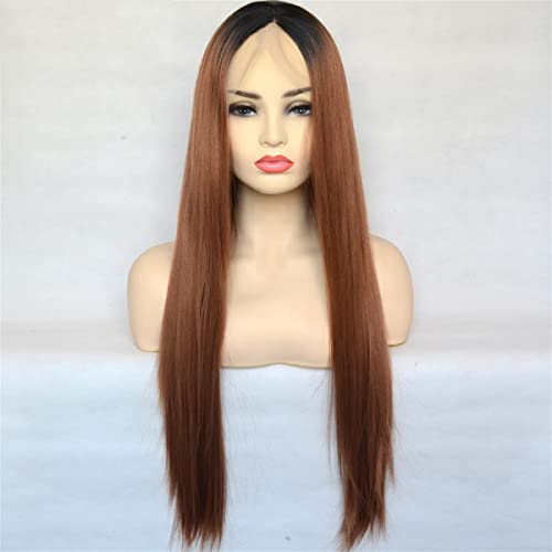 Synthetic Lace Front Wig for Black Women,Queen Chestnut with Black Root Synthetic T Lace Front Wig Heat Resistant Fiber Silky Straight Cosplay for Women,20 inch von SYVI