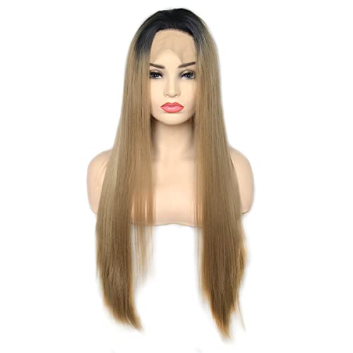Synthetic Lace Front Wig for Black Women,Queen Dark Ash Blonde with Black Root Synthetic Lace Front Wig Heat Resistant Fiber Daily Wearing for Women,28 inch von SYVI