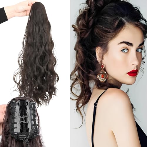 SYXLS Lange Pferdeschwanz Haarteil Extensions, 60cm Lange Lockige Krallen Clip In Pferdeschwanz, Ponytail Extension Für Frauen Und Mädchen, Pferdeschwanz Natürliches Haarteil(Schwarz Braun) von SYXLS