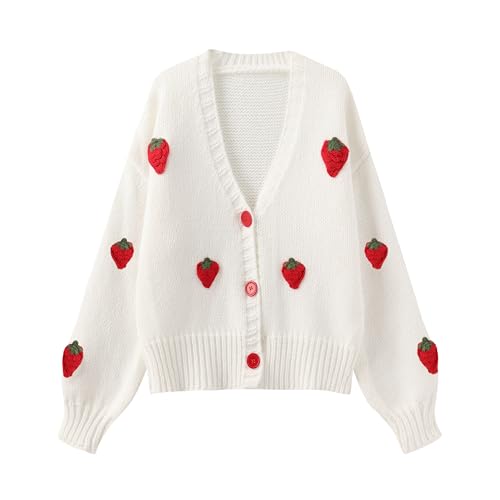 SYYRXB Kawaii Süße japanische Damen-Strickjacke mit Erdbeer-Motiv, rosa Stickerei, bedruckt, Knopf, Strickjacke, Pullover, Mantel, Red01, Klein von SYYRXB