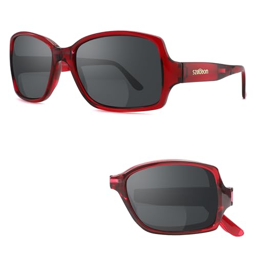 SZEOEOM Bifokale Lesesonnenbrille mit integrierter Lesestärke -Klappbares TR90 bruchsicheres Material UV400 Schutz umlaufendes Design für Damen Herren Outdoor Tragbare falt (Rot, 1, Dioptrien) von SZEOEOM