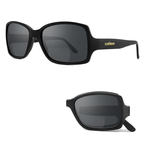 SZEOEOM Bifokale Lesesonnenbrille mit integrierter Lesestärke -Klappbares TR90 bruchsicheres Material UV400 Schutz umlaufendes Design für Damen Herren Outdoor Tragbare falt (Schwarz, 1.5, Dioptrien) von SZEOEOM