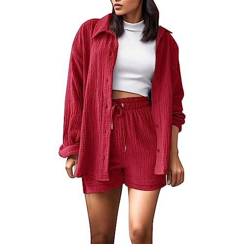 Damen Sommer Musselin Bluse Hemd Shorts Clothes Zweiteiler Loungewear Damen Set Baumwolle Strand Outfit Set Two Piece Set Women (02-Rot, L) von SZFRYEU
