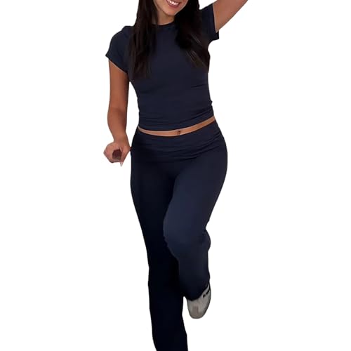 SZFRYEU Baumwoll-Lounge-Set, schmal geschnittener zweiteiliger Jogger-Anzug mit langen Hosen, umklappbare Yoga-Schlaghose für Damen, weiches, bequemes Lounge-Trainingsanzug-Set von SZFRYEU