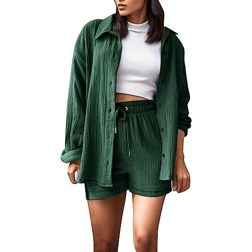 SZFRYEU Damen Sommer Musselin Bluse Hemd Shorts Clothes Zweiteiler Loungewear damen set Baumwolle Strand Outfit Set Two Piece Set Women (02-GN1, L) von SZFRYEU