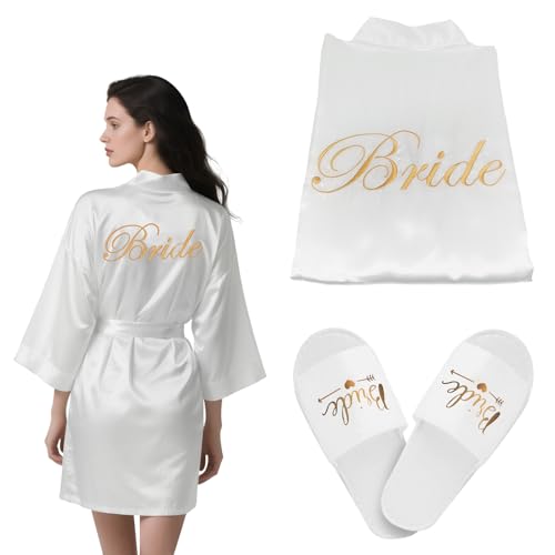 SZHUGEKI Bride Morgenmante, Satin Kimono V-Ausschnitt Nachthemd mit Gürtel, Bride Mantel, Passende Hausschuhe, für Pyjamapartys, Hochzeitsfeiern von SZHUGEKI