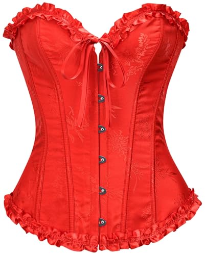 SZIVYSHI Damen Vollbrust Corsage Korsett Top Gothic Vintage Corsagen Bustier Corsette - Mohnrot - XL von SZIVYSHI