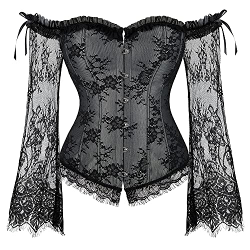 SZIVYSHI Korsett Damen Halloween Weihnachten Vollbrust Lace Up Corset Rücken Corsage mit Schulter Ärmel (Grau, L) von SZIVYSHI