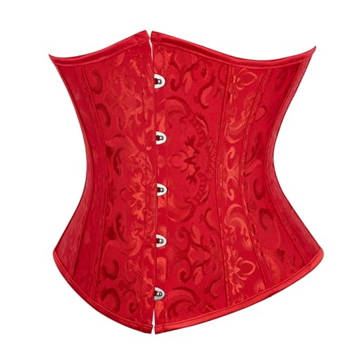 SZIVYSHI Korsett Damen Unterbrust Satin Lace Up Waist Cincher Corset Shaper Corsage (S, Jacquard Rot) von SZIVYSHI