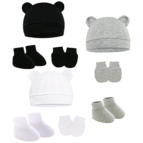 3 STÜCKE Neugeboren Baumwolle Baby Mütze und 3 STÜCKE Handschuhe +3 STÜCK Socken Fußabdeckungen Kleinkinder Babymütze Set Baumwolle Hüte und Kratzfäustlinge Beanie Knoten Hut für 0 bis 6 Monate von SZJIAHTM