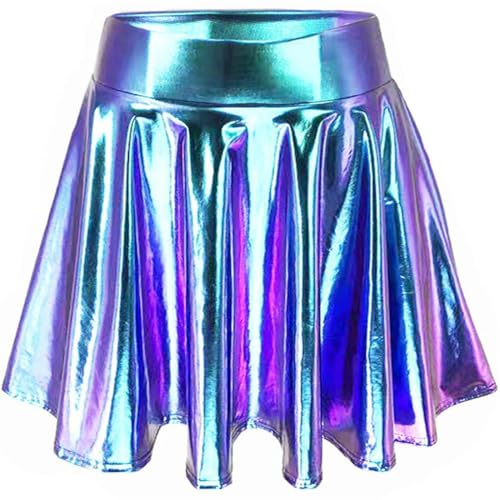 Damen Glänzend Metallisch Rave Party Stretch Skater Mini Rock Hohe Taille Elastischer Plisseerock Pull On Faltenrock L von SZJIAHTM