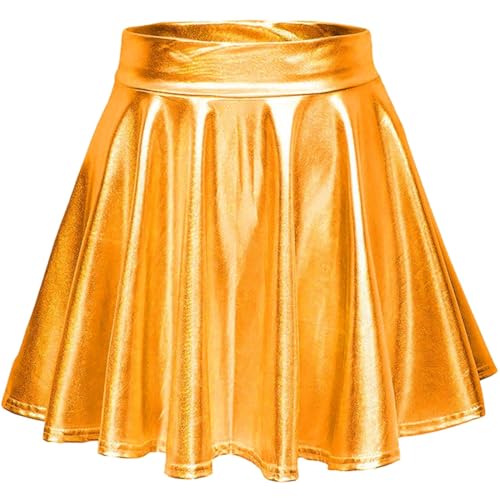 Damen Glänzend Metallisch Rave Party Stretch Skater Mini Rock Hohe Taille Elastischer Plisseerock Pull On Faltenrock L von SZJIAHTM