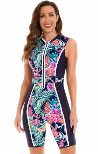 SZJIAHTM Damen Einteilige Badeanzug Rash Guard Knie hohe Athletic Ärmellos UPF 50 Bademode mit Frontreißverschluss Boyleg Schwimmanzug L von SZJIAHTM