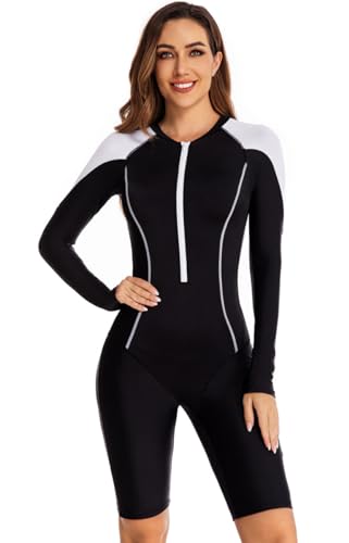 SZJIAHTM Damen Einteilige Langarm Badeanzug Rash Guard Kniehohe Sport Surfen Athletic UPF 50 Bademode mit Frontreißverschluss Boyleg Schwimmanzug XXL von SZJIAHTM