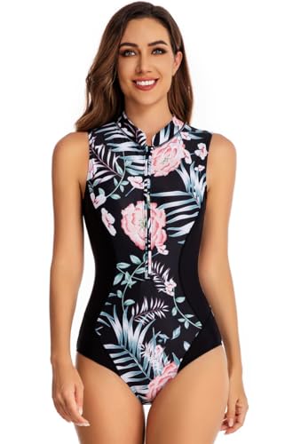 SZJIAHTM Damen Einteiliger Ärmellos Badeanzug Blume Monokini Athleti Sport Surfen Badeanzug mit Frontreißverschluss Schwimmanzug Bademode M von SZJIAHTM