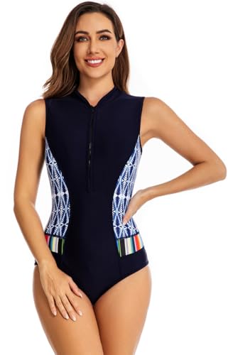 SZJIAHTM Damen Einteiliger Ärmellos Badeanzug Blume Monokini Athleti Sport Surfen Badeanzug mit Frontreißverschluss Schwimmanzug Bademode XXL von SZJIAHTM