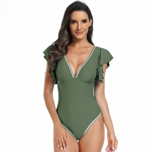 SZJIAHTM Damen Einteiliger Badeanzug Rüschen V Ausschnitt Monokinis Bauchweg Badeanzüge Modern Bademode Swimsuit von SZJIAHTM