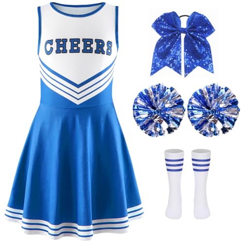SZJIAHTM Kinder Mädchen Cheerleadering Outfit Tanzkostüm Set Mit Pompoms Socken Kopfschmuck Schulkind Cheerleader Tanzkleid für Halloween KarnevalFasching Party von SZJIAHTM
