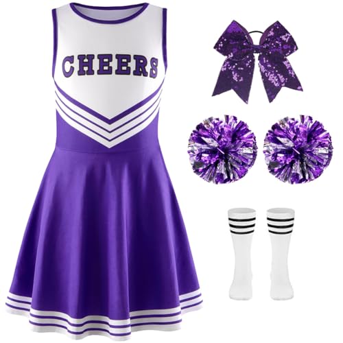 SZJIAHTM Kinder Mädchen Cheerleadering Outfit Tanzkostüm Set Mit Pompoms Socken Kopfschmuck Schulkind Cheerleader Tanzkleid für Halloween KarnevalFasching Party von SZJIAHTM