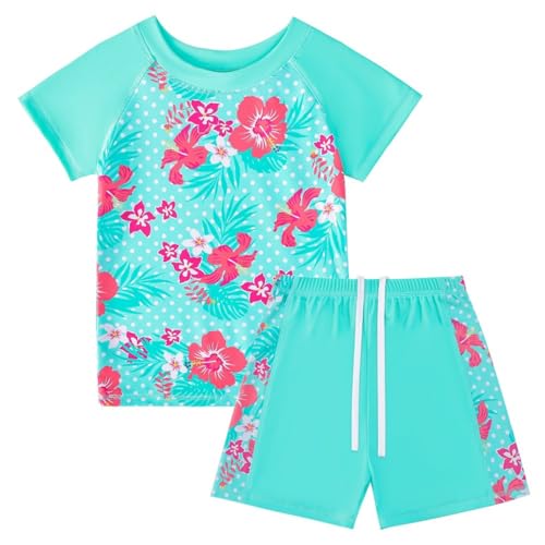 SZJIAHTM Kinder Mädchen Mädchen Zweiteiliger Badeanzug mit UV-Schutz UPF50+, Meerjungfrau Hawaii Badeanzug Kurzen Ärmeln + Shorts Badebekleidung von SZJIAHTM