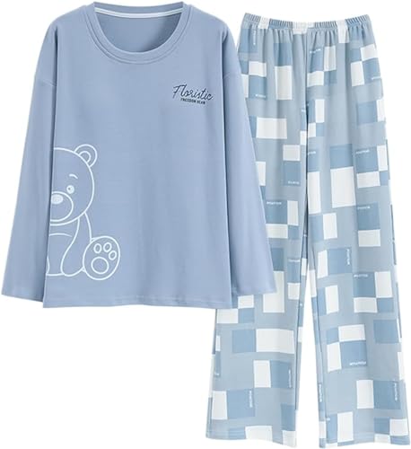 SZJIAHTM Teenager Mädchen Langarm Zweiteiliger Schlafanzüge mit integriertem BH Set Baumwolle Schlafanzug Cartoon Tops und Schlafhose Nachtwäsche Pyjama Nightwear Set Loungewear von SZJIAHTM