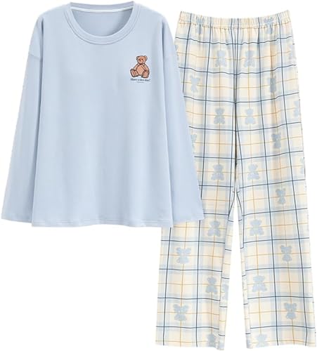 SZJIAHTM Teenager Mädchen Langarm Zweiteiliger Schlafanzüge mit integriertem BH Set Baumwolle Schlafanzug Cartoon Tops und Schlafhose Nachtwäsche Pyjama Nightwear Set Loungewear von SZJIAHTM