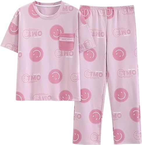 Teenager Mädchen Sommer Cartoon Print Baumwolle Zweiteiler Schlafanzug Tops und Lange Schlafhose Nachtwäsche Pyjama Set Loungewear von SZJIAHTM