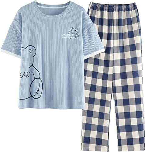 SZJIAHTM Teenager Mädchen Sommer Cartoon Print Baumwolle Zweiteiler Schlafanzug Tops und Lange Schlafhose Nachtwäsche Pyjama Set Loungewear von SZJIAHTM