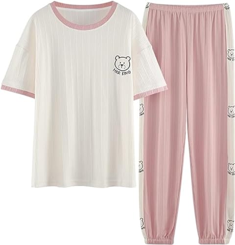 SZJIAHTM Teenager Mädchen Sommer Cartoon Print Baumwolle Zweiteiler Schlafanzug Tops und Lange Schlafhose Nachtwäsche Pyjama Set Loungewear von SZJIAHTM