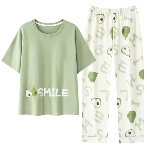 SZJIAHTM Teenager Mädchen Sommer Cartoon Print Baumwolle Zweiteiler Schlafanzug Tops und Lange Schlafhose Nachtwäsche Pyjama Set Loungewear von SZJIAHTM
