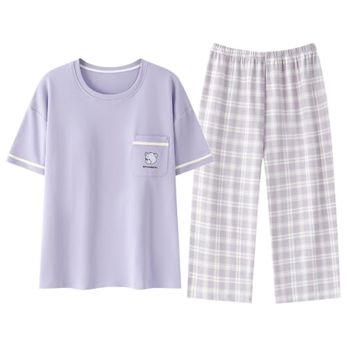 SZJIAHTM Teenager Mädchen Sommer Cartoon Print Baumwolle Zweiteiler Schlafanzug Tops und Lange Schlafhose Nachtwäsche Pyjama Set Loungewear von SZJIAHTM