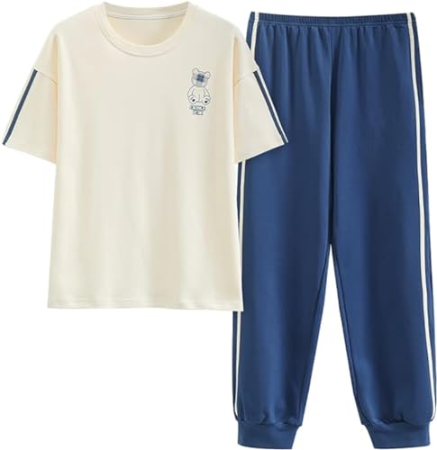 SZJIAHTM Teenager Mädchen Sommer Cartoon Print Baumwolle Zweiteiler Schlafanzug Tops und Lange Schlafhose Nachtwäsche Pyjama Set Loungewear von SZJIAHTM