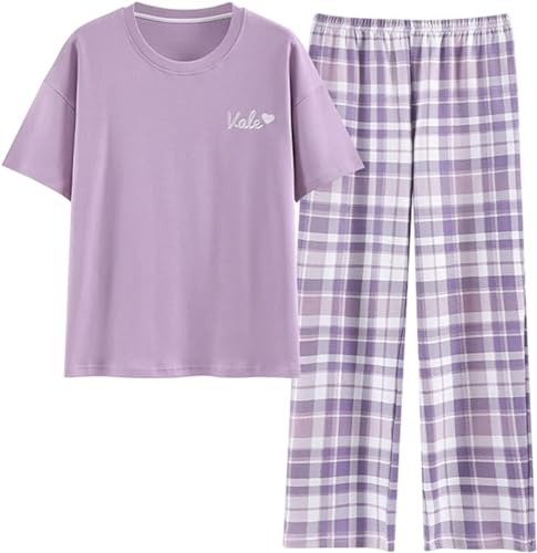 Teenager Mädchen Sommer Cartoon Print Baumwolle Zweiteiler Schlafanzug Tops und Lange Schlafhose Nachtwäsche Pyjama Set Loungewear von SZJIAHTM