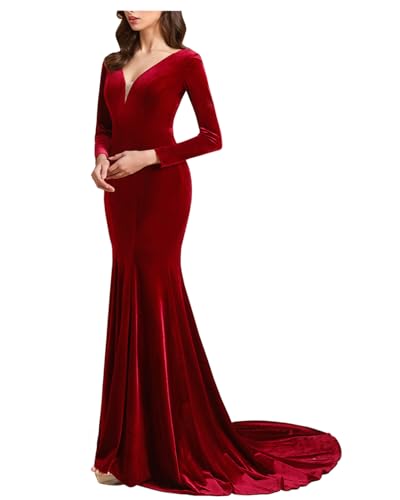 SZJMS Damen Tiefer V-Ausschnitt Samt Ballkleider Lang Meerjungfrau Court Train Abendkleid Partykleid mit Lange Ärmel SZPD02, burgunderfarben, 36 von SZJMS