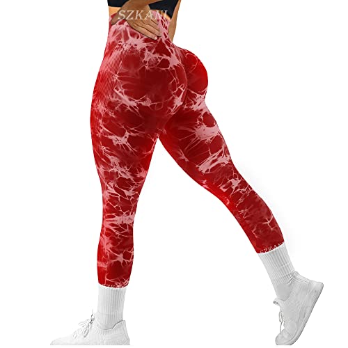 SZKANI Butt Lifting Leggings für Frauen Booty Hohe Taille Workout Yoga Hosen Scrunch Butt Gym Nahtlose Booty Tight, (6f#-Batik-Farbstoff) - Rot, Groß von SZKANI