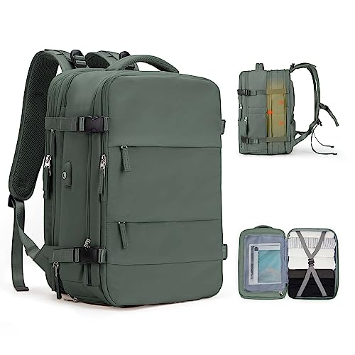 SZLX Großer Reiserucksack Damen, Handgepäck Rucksack,Wanderrucksack Wasserdichter Outdoor-Sportrucksack Lässiger Tagesrucksack Schultasche Fit 14 Zoll Laptop mit Schuhfach und Laptopfach,Olivgrün von SZLX