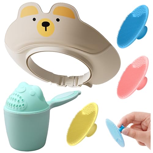 5 Stück Haare Waschen Kinderschutz Duschhaube Kinder Reer Baby Sicherer Shampoo Cap mit 1 Haarspülbecher, 3 HaarspülbüRsten für Haarwäsche für Kinder im alter von 2-12 Jahren von SZQIUNUBI