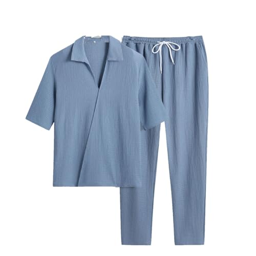 Herren Sommer Freizeitanzug Texturierter Stoff Hellblau Kurzarm Hemd und Hose Set (Blau, L) von SZRXKJ
