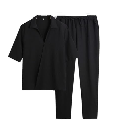 Herren Sommer Freizeitanzug Texturierter Stoff Hellblau Kurzarm Hemd und Hose Set (Schwarz, M) von SZRXKJ